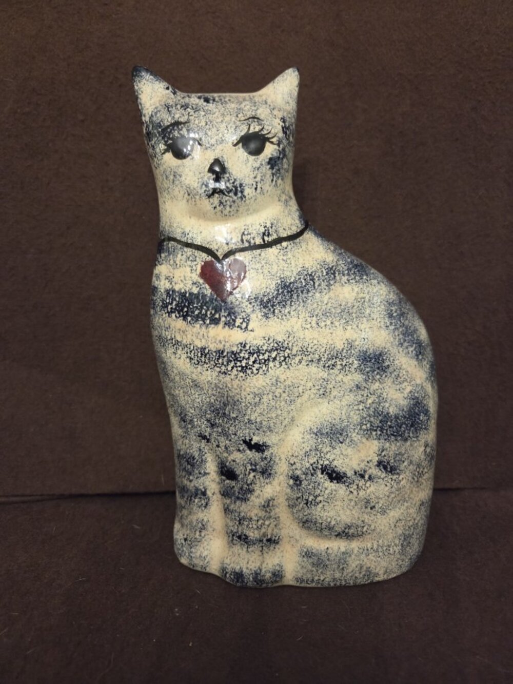Vintage Ceramic Blue Sponge Hand Painted Sitting Tabby Kitty Cat kitten figurine